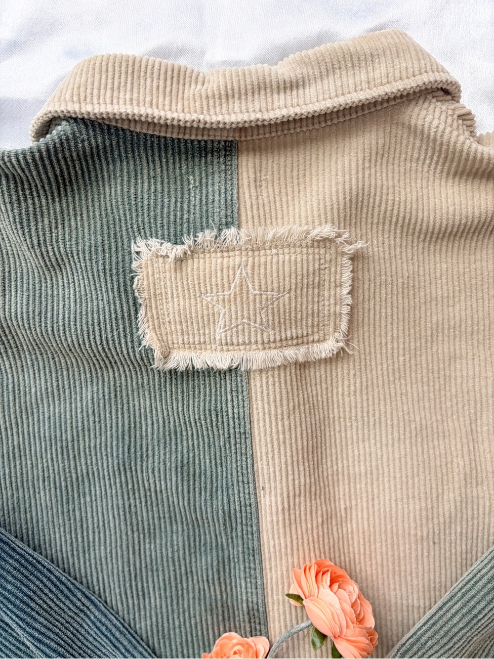 POL Sage Green Colorblock Corduroy Cropped Shacket Raw Hem M Boho Jacket - Picture 5 of 11